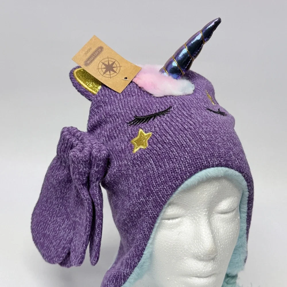 James Paul Youth Purple Unicorn Beanie Hat and Mitten Set Faux Fur Lined NWT